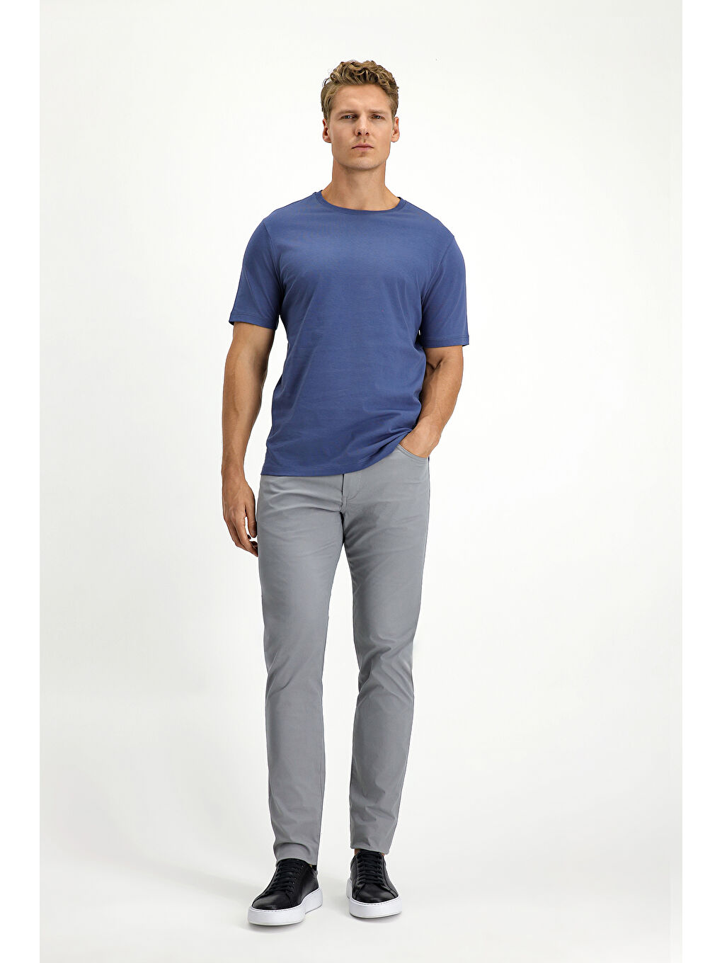 İndigo Bisiklet Yaka Slim Fit Dar Kesim Süprem Pamuk %100 Pamuk Tişört-1