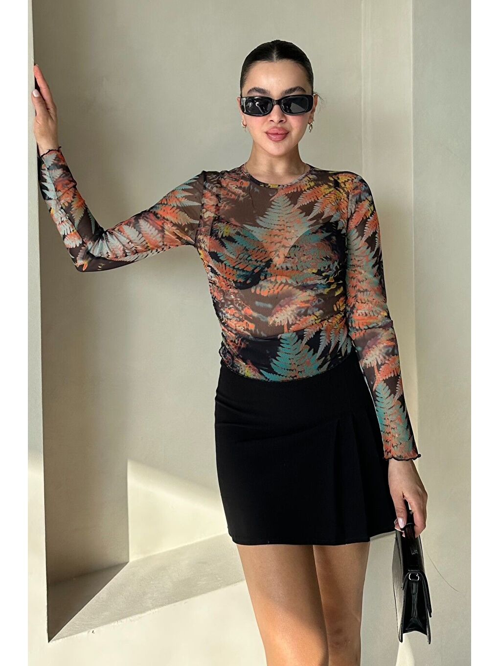 Turuncu Kadın Bisiklet Yaka KARIŞIK Yaprak Desenli Uzun Kollu Bluz-3