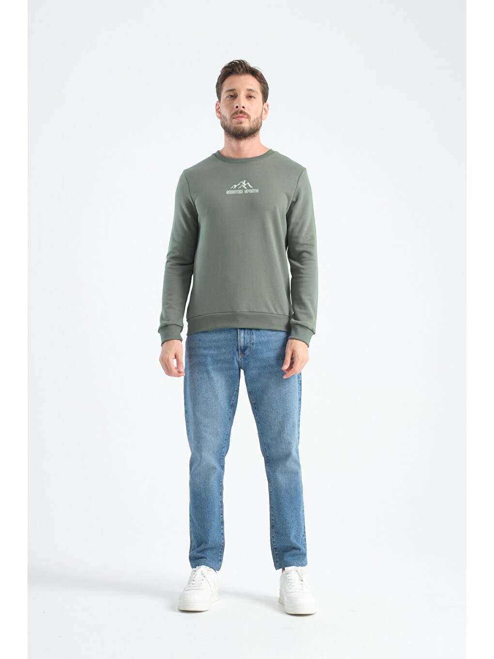 Haki Erkek Üç İplik Sweatshirt Şardonsuz Pamuklu Regular Fit Bisiklet Yaka Spor Sweat-2