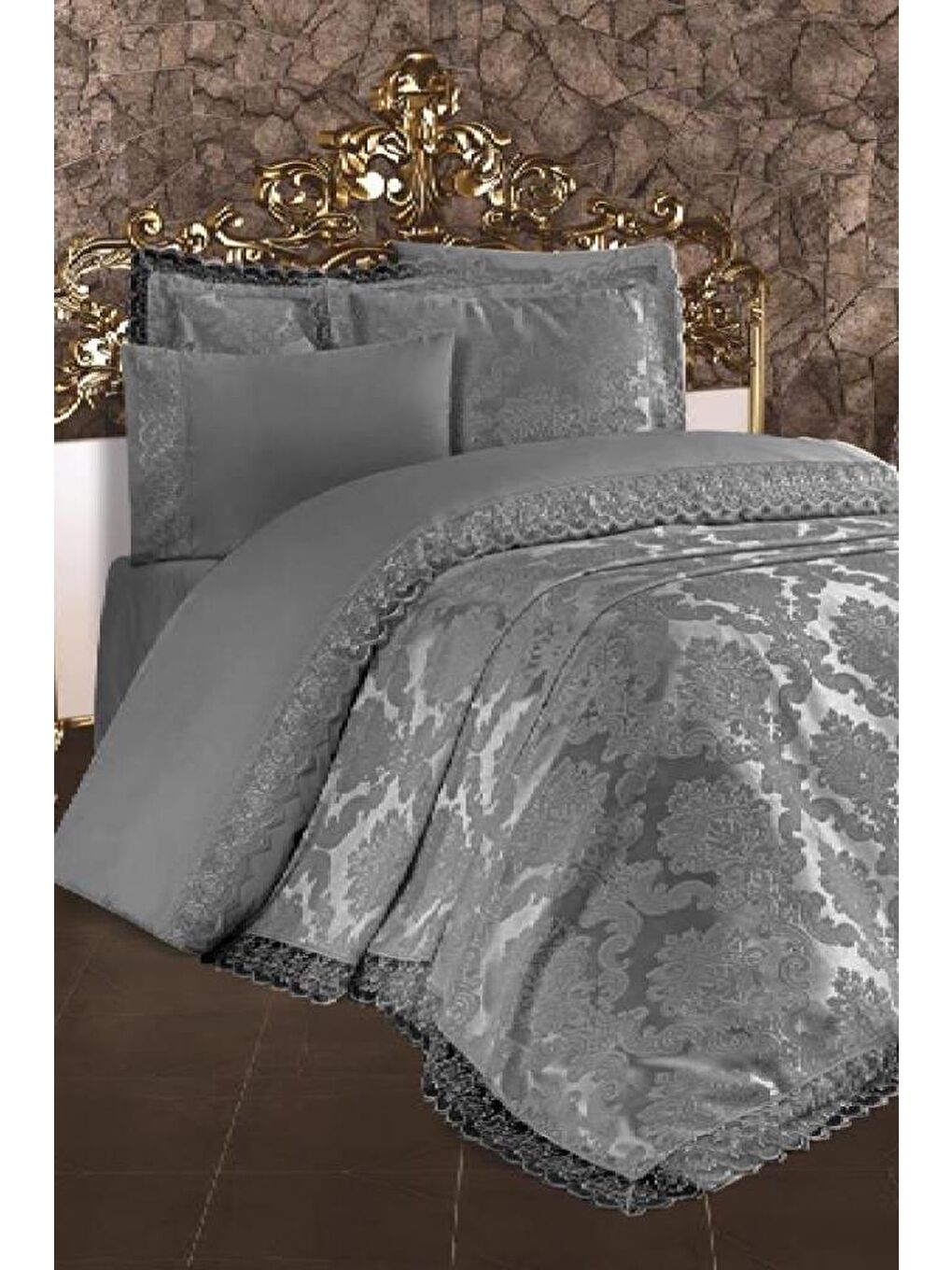 Karışık Fransız Dantelli Lalezar Gelin Seti 7 Parça Gri-1