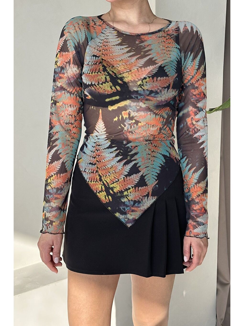 Turuncu Kadın Bisiklet Yaka KARIŞIK Yaprak Desenli Uzun Kollu V Kesim Bluz-2