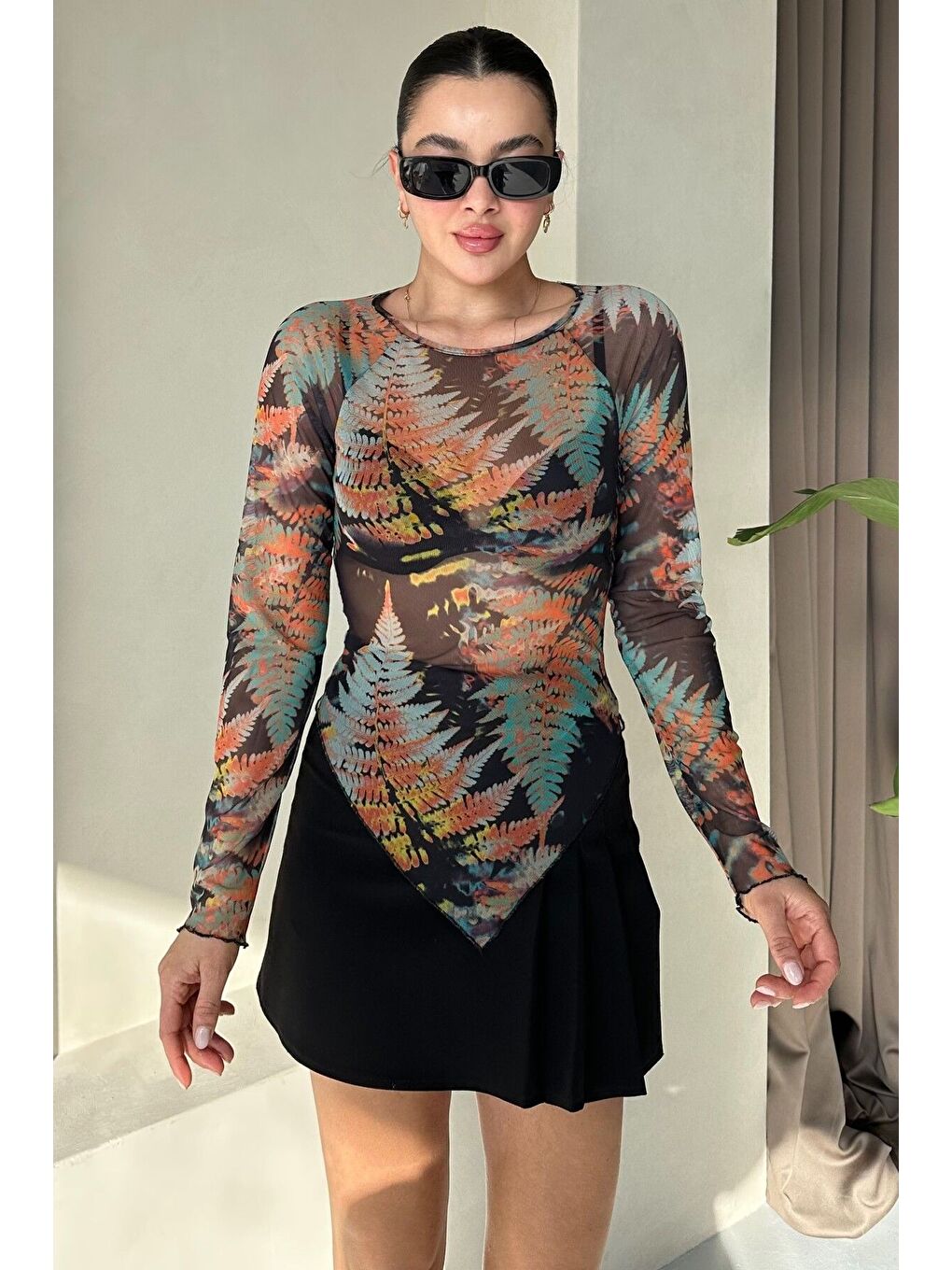 Turuncu Kadın Bisiklet Yaka KARIŞIK Yaprak Desenli Uzun Kollu V Kesim Bluz-3