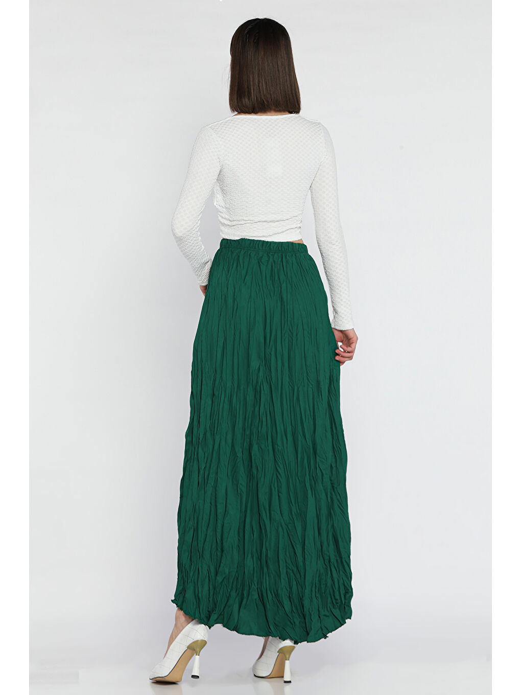 Yeşil Kadın Bel Lastikli Krinkıl Vual Etek-2