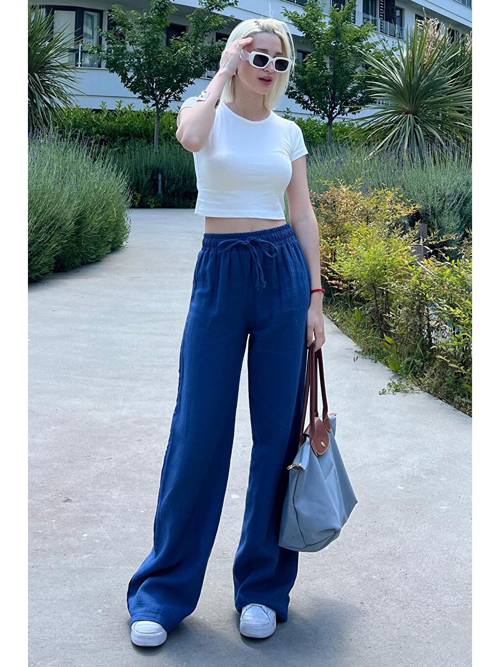 Koyu Mavi Bol Paça Müslin Kadın Pantolon Mg1980-1