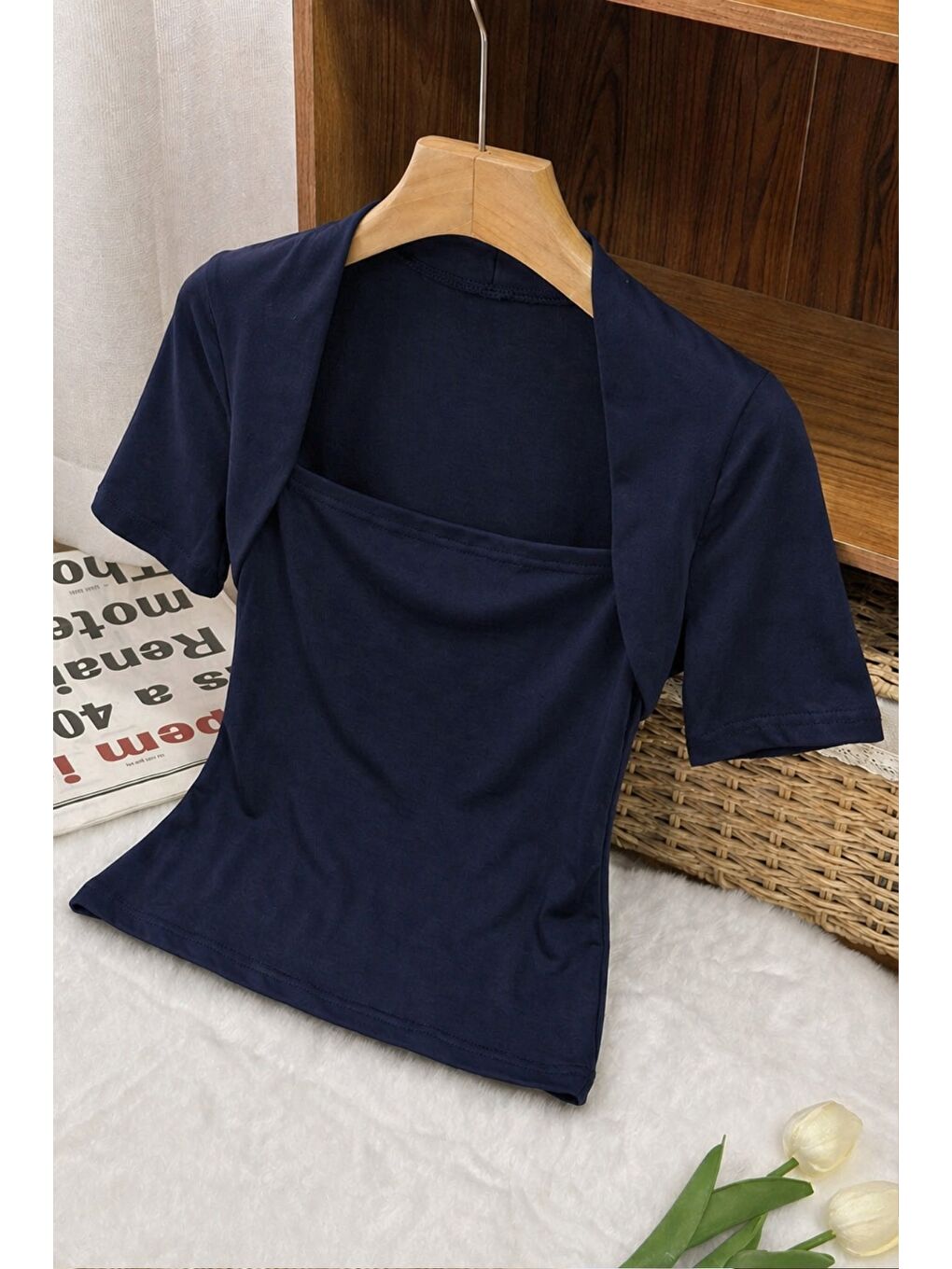 Lacivert Kadın Haki Kuğu Yaka Slim Kısa Kollu Fit Crop Bluz-3