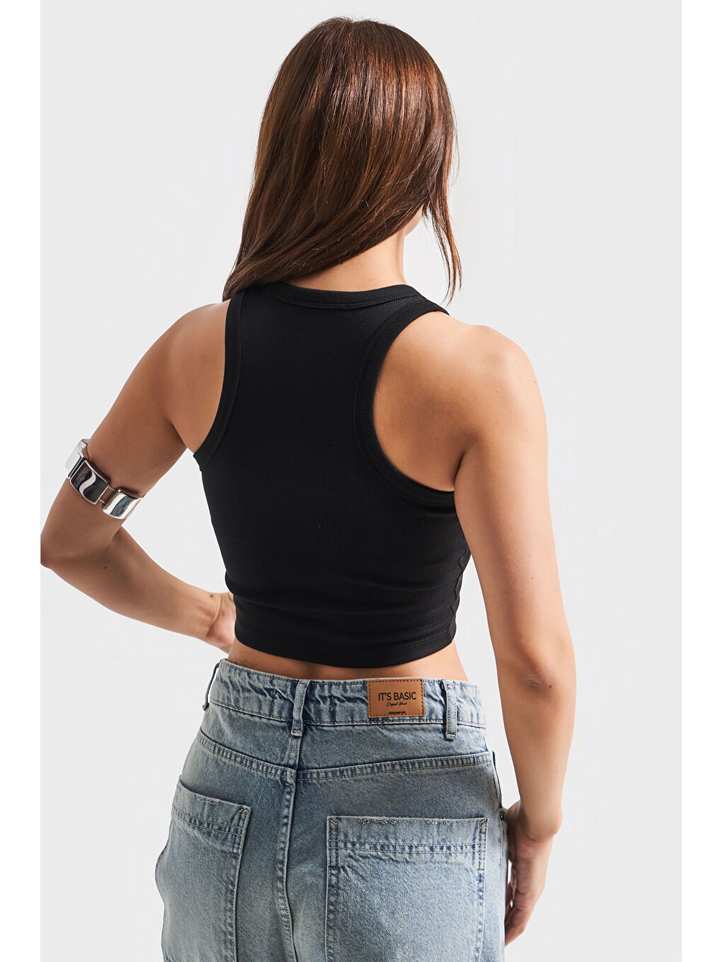 Kadın Siyah Renk Halter Yaka İnce Fitil Kaşkorse Crop Top-1