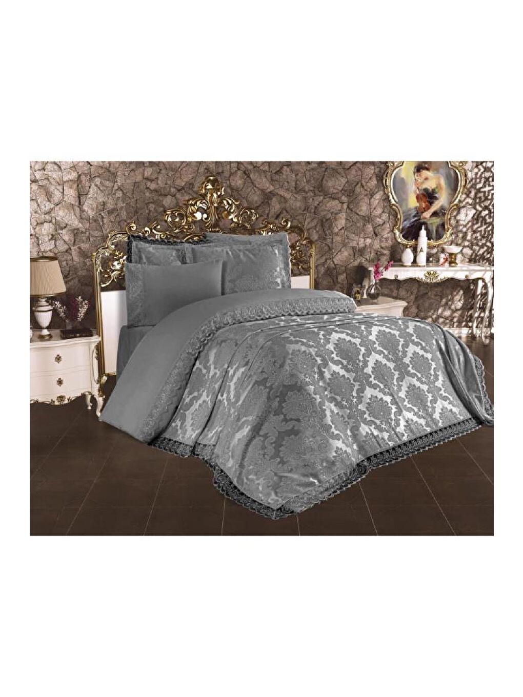 Karışık Fransız Dantelli Lalezar Gelin Seti 7 Parça Gri-2