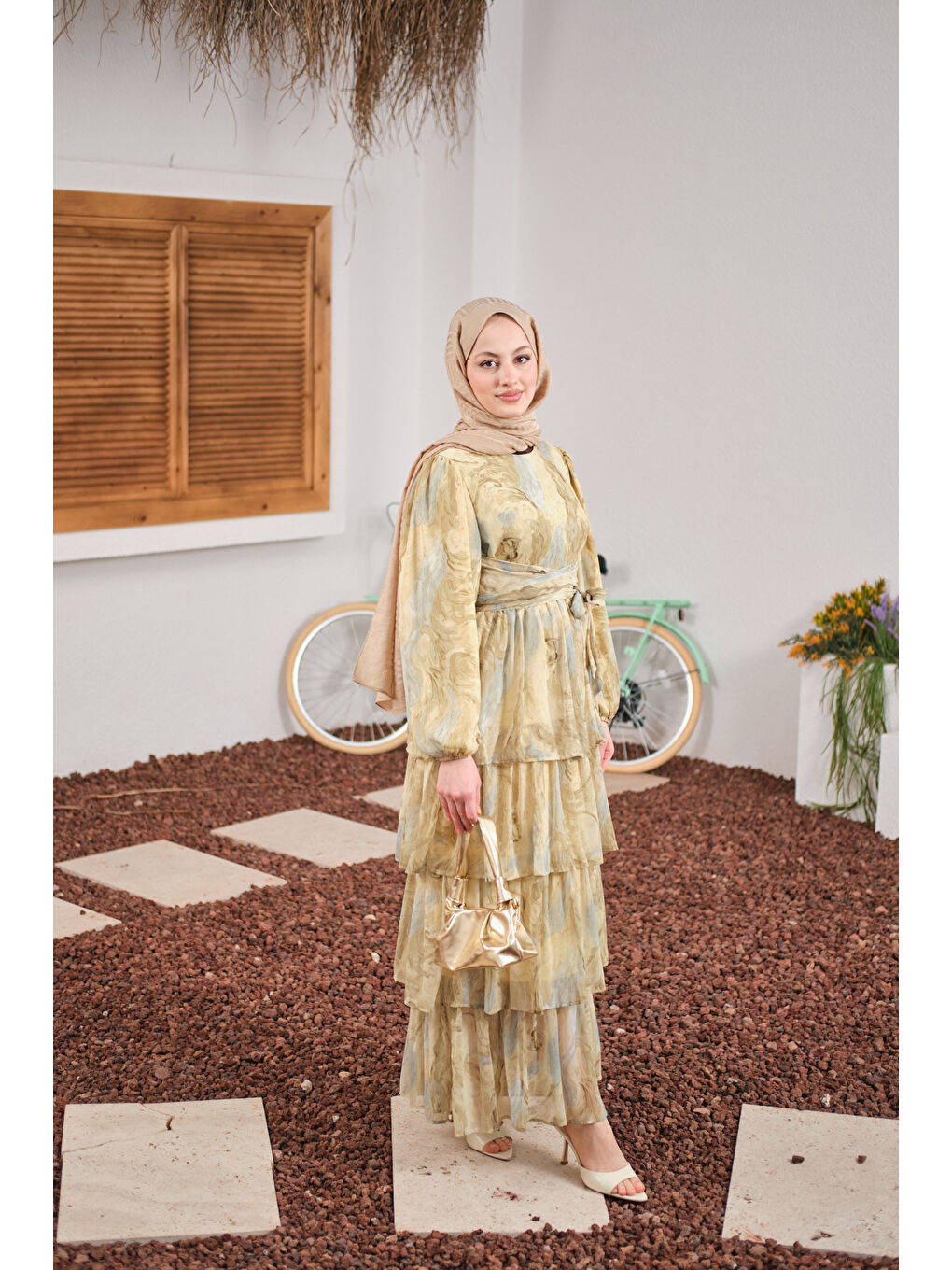 Kadın Kat Kat Detay Kuşaklı Astarlı Şifon Elbise Sarı-2