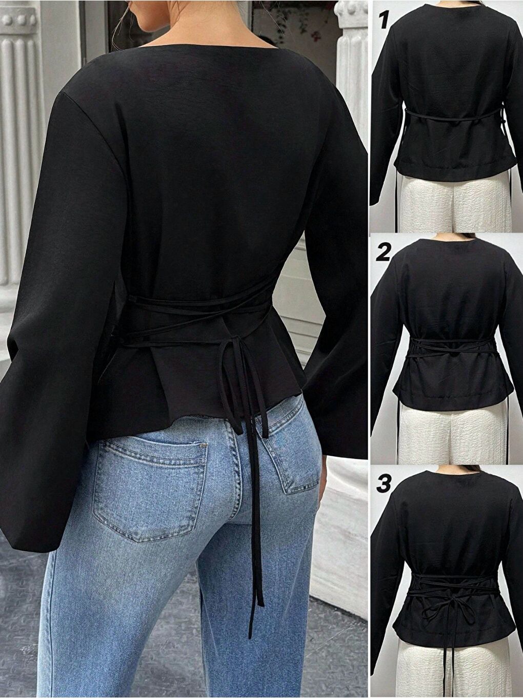 Siyah Kadın Belden Bağlamalı İpli İspanyol Kol Bluz-6
