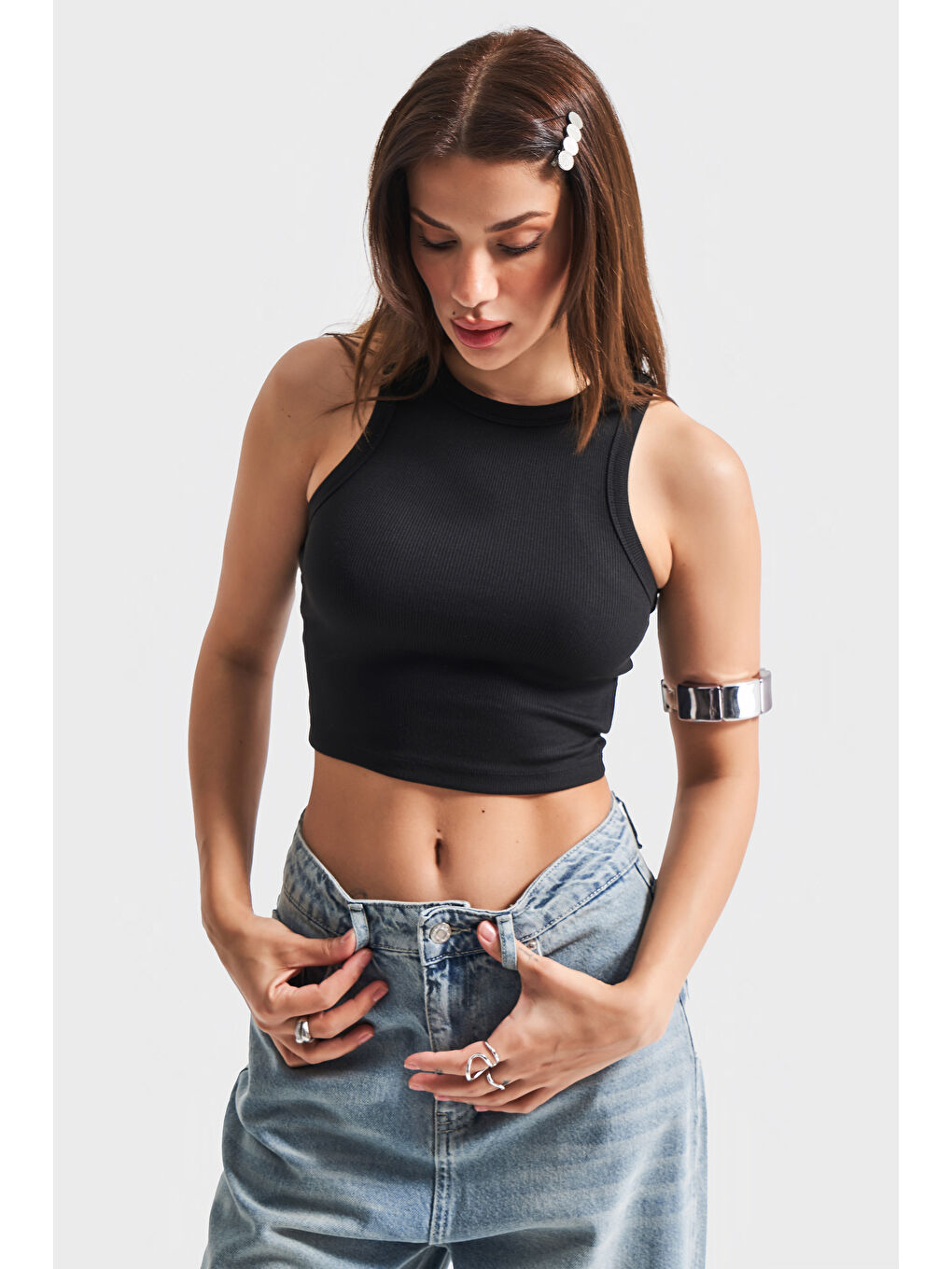 Kadın Siyah Renk Halter Yaka İnce Fitil Kaşkorse Crop Top-3