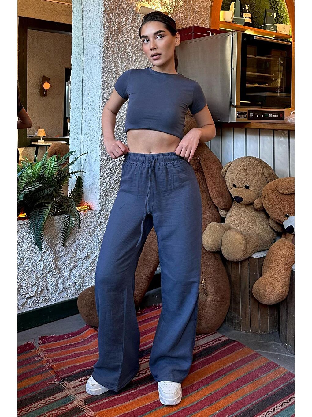 Koyu Mavi Bol Paça Müslin Kadın Pantolon Mg1980-2