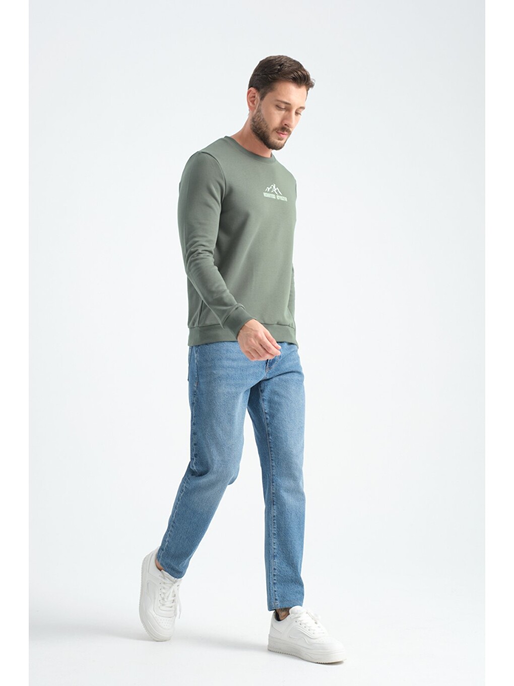 Haki Erkek Üç İplik Sweatshirt Şardonsuz Pamuklu Regular Fit Bisiklet Yaka Spor Sweat-5