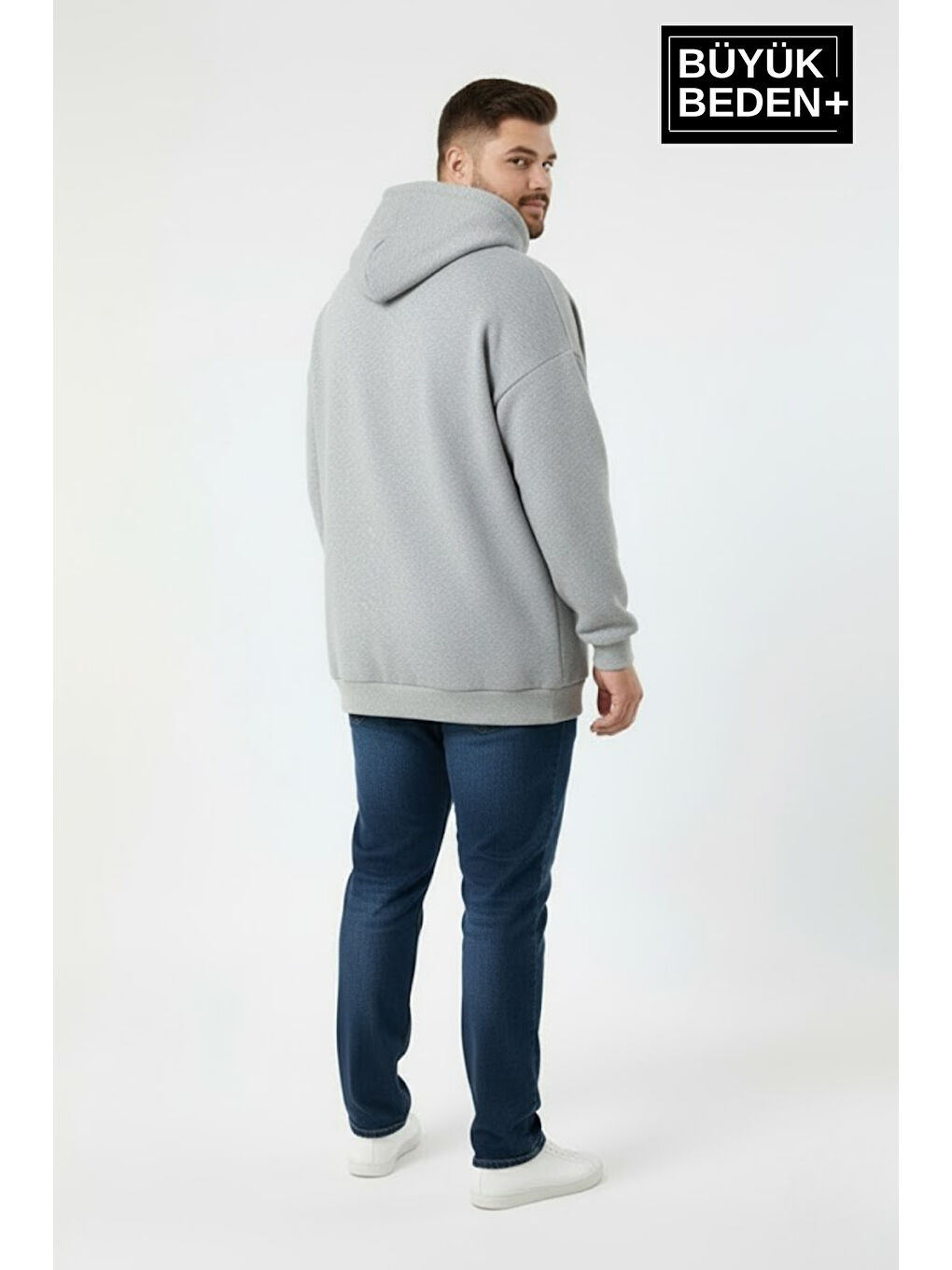 Gri Erkek Büyük Beden Kapüşonlu Orta Brooklyn Baskılı Sweatshirt SPR26BSW961-1