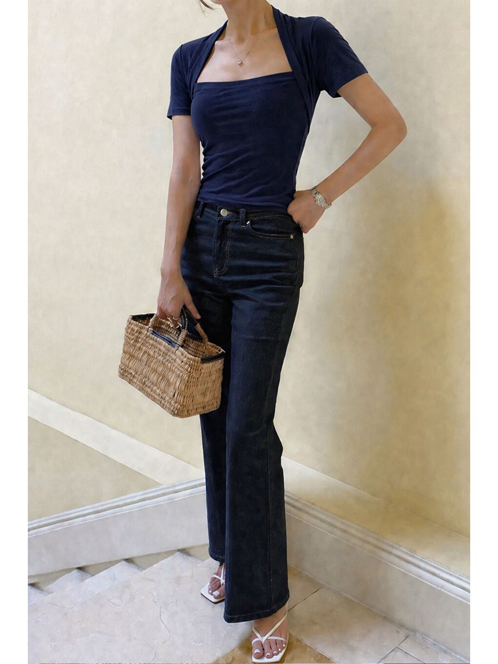 Lacivert Kadın Haki Kuğu Yaka Slim Kısa Kollu Fit Crop Bluz-4