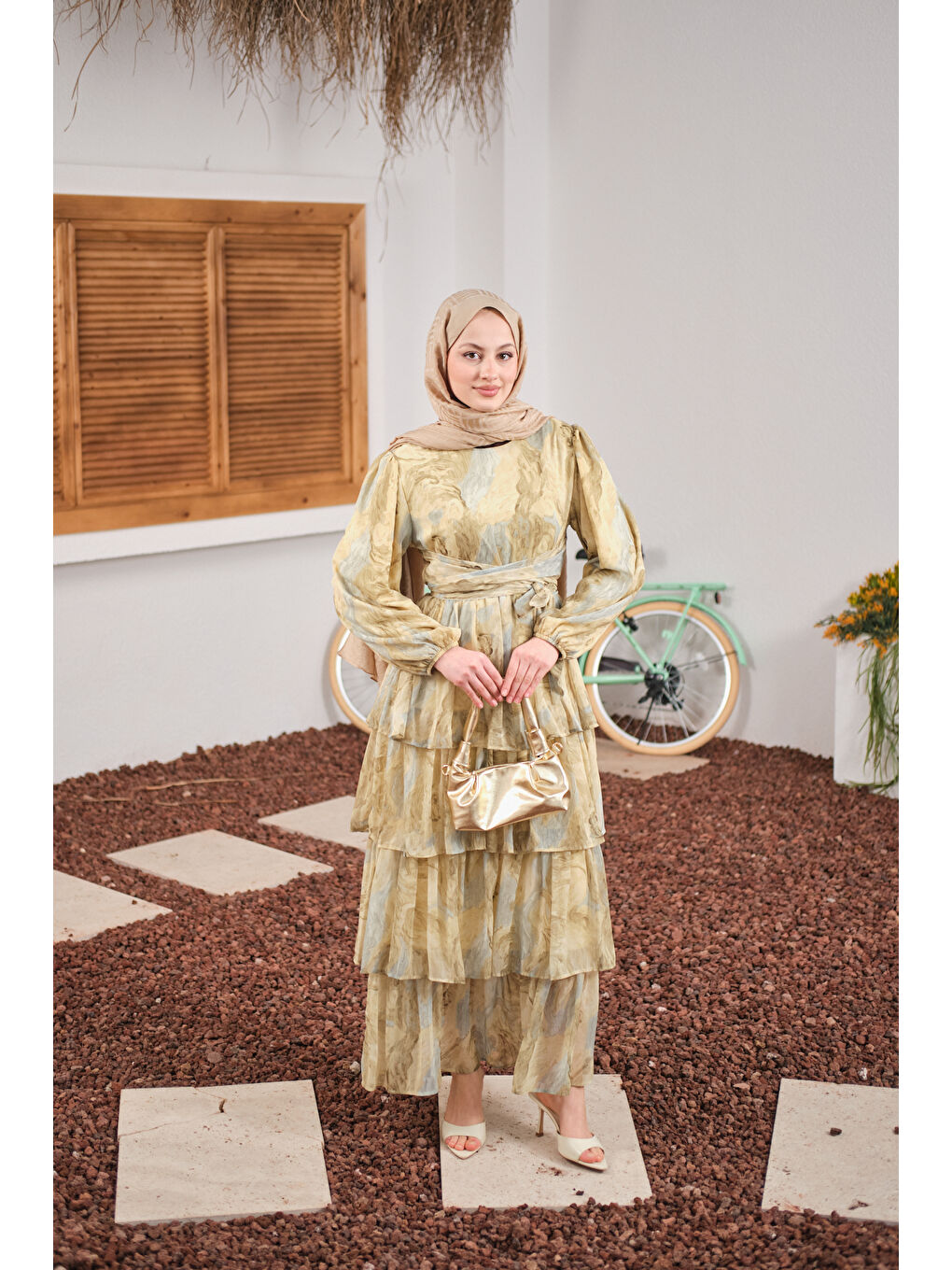 Kadın Kat Kat Detay Kuşaklı Astarlı Şifon Elbise Sarı-3