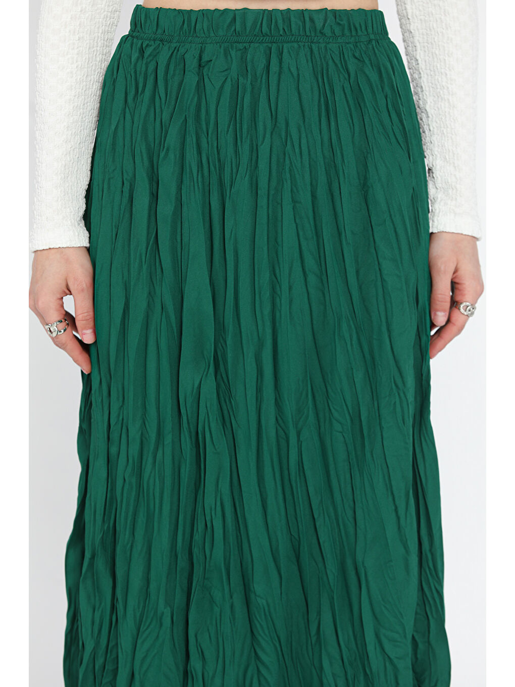 Yeşil Kadın Bel Lastikli Krinkıl Vual Etek-3