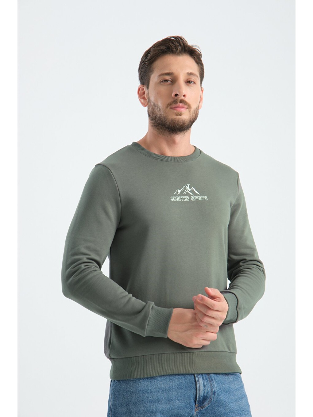 Haki Erkek Üç İplik Sweatshirt Şardonsuz Pamuklu Regular Fit Bisiklet Yaka Spor Sweat-6