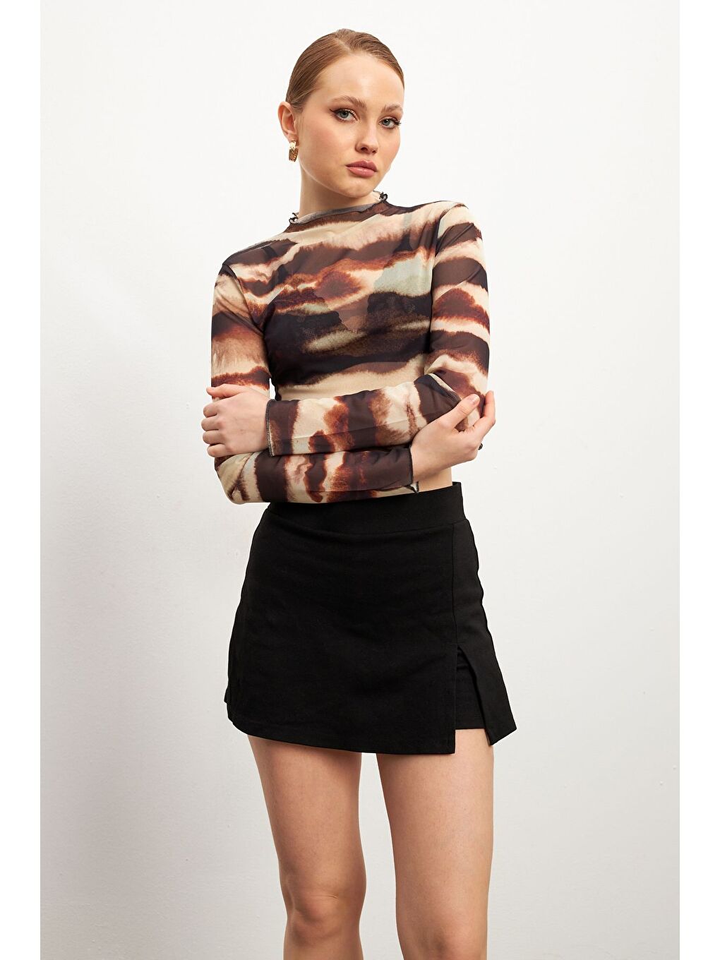 Karışık Kadın Yuvarlak Yak KARIŞIK Desenli Uzun Kollu Tül Bluz