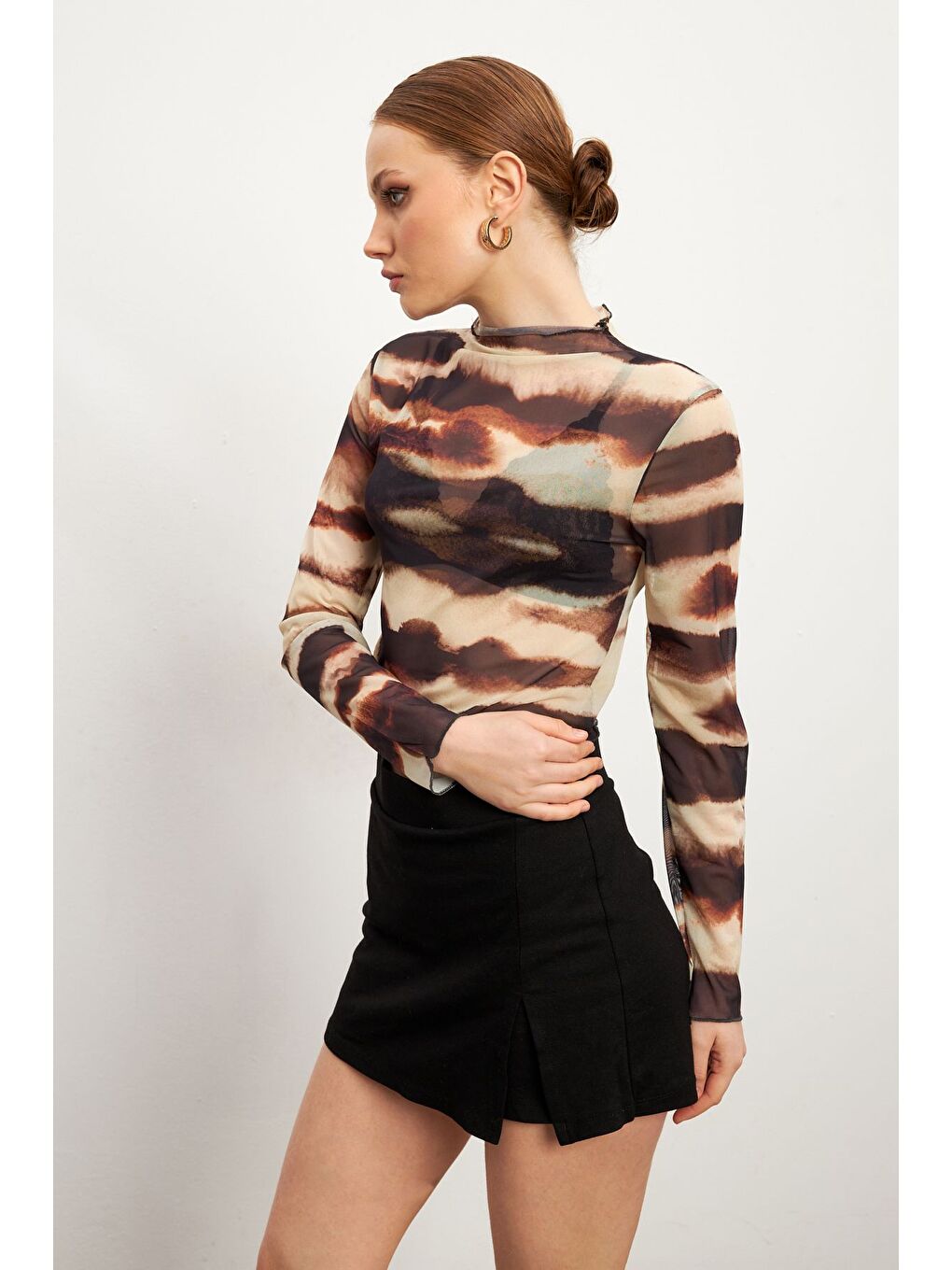 Karışık Kadın Yuvarlak Yak KARIŞIK Desenli Uzun Kollu Tül Bluz-2