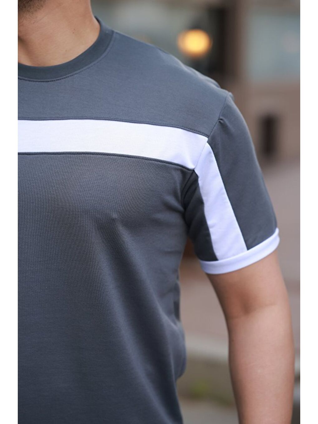 Gri Erkek şerit Detaylı Kısa Kollu T-shirt-2