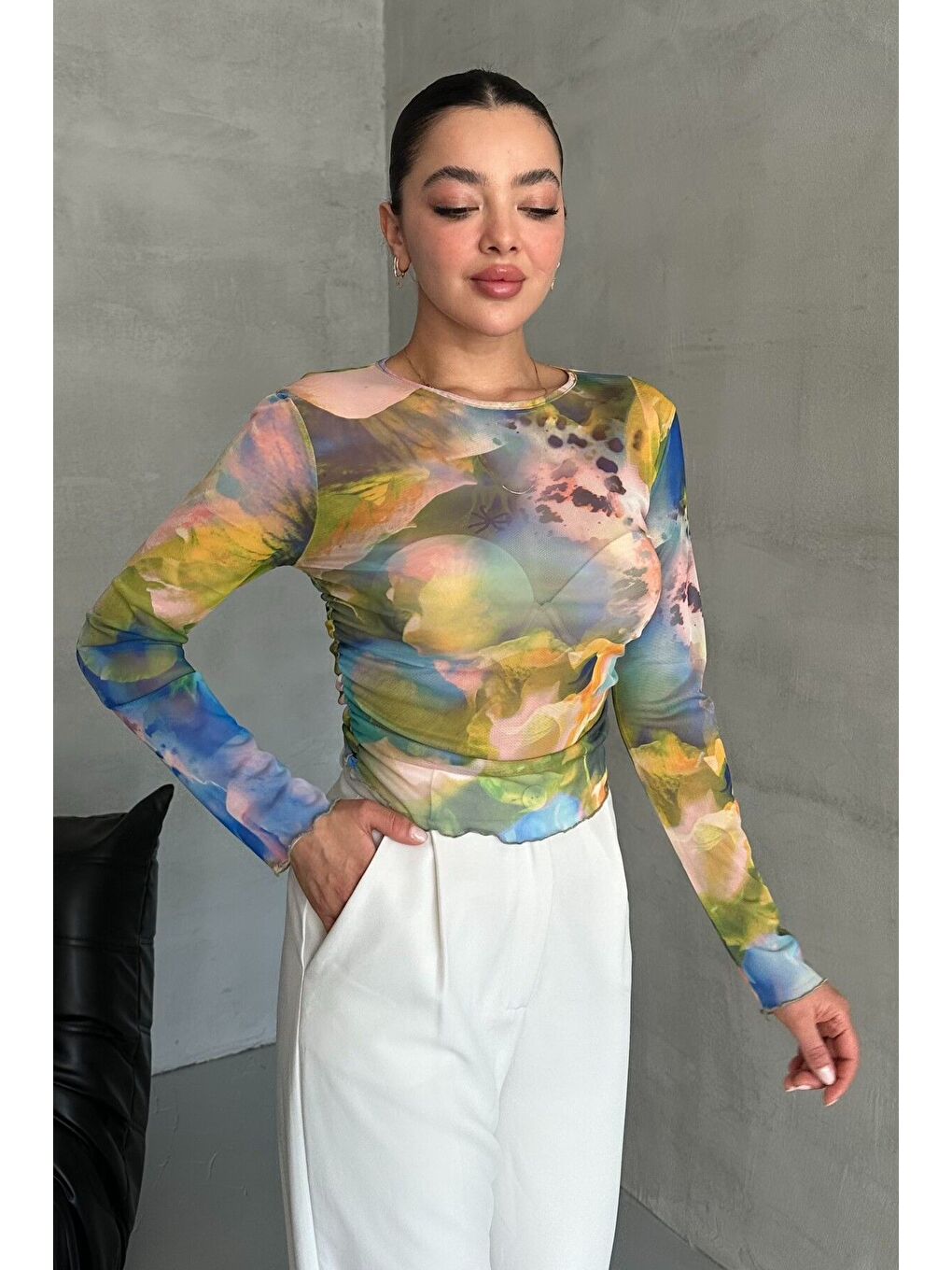 Karışık Kadın Bisiklet Yaka KARIŞIK Desenli Uzun Kollu Bluz