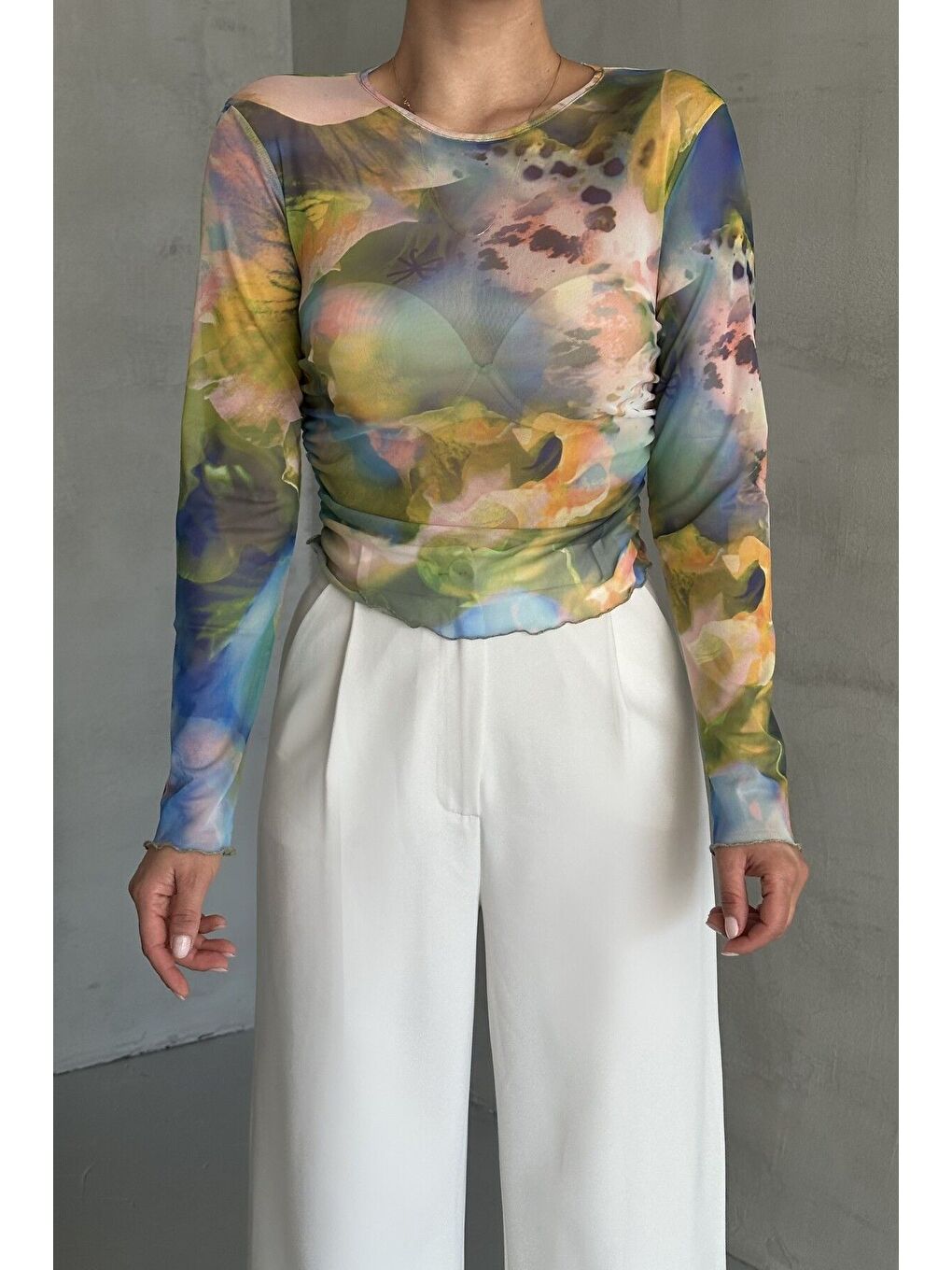 Karışık Kadın Bisiklet Yaka KARIŞIK Desenli Uzun Kollu Bluz-1