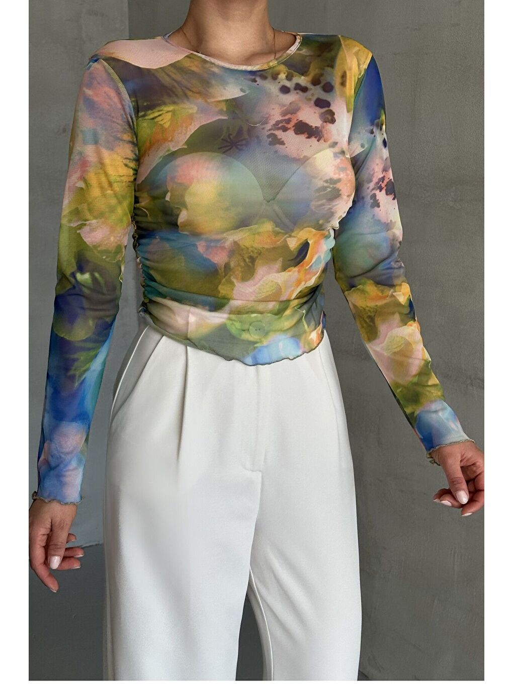 Karışık Kadın Bisiklet Yaka KARIŞIK Desenli Uzun Kollu Bluz-2