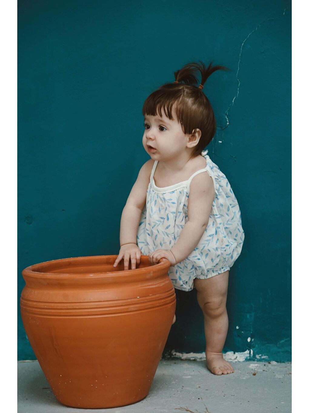 Mavi Çiçek Baskılı Bebek İp Askılı Tulum-1