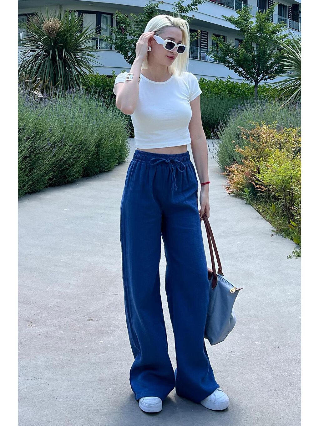 Koyu Mavi Bol Paça Müslin Kadın Pantolon Mg1980-6