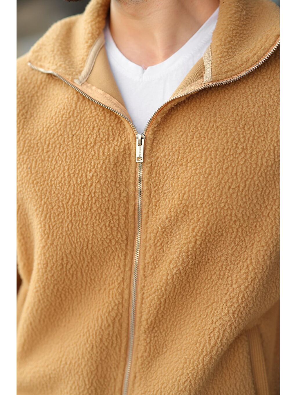 Bej Fermuarlı Dik Yaka Erkek Polar Hırka E7166-2