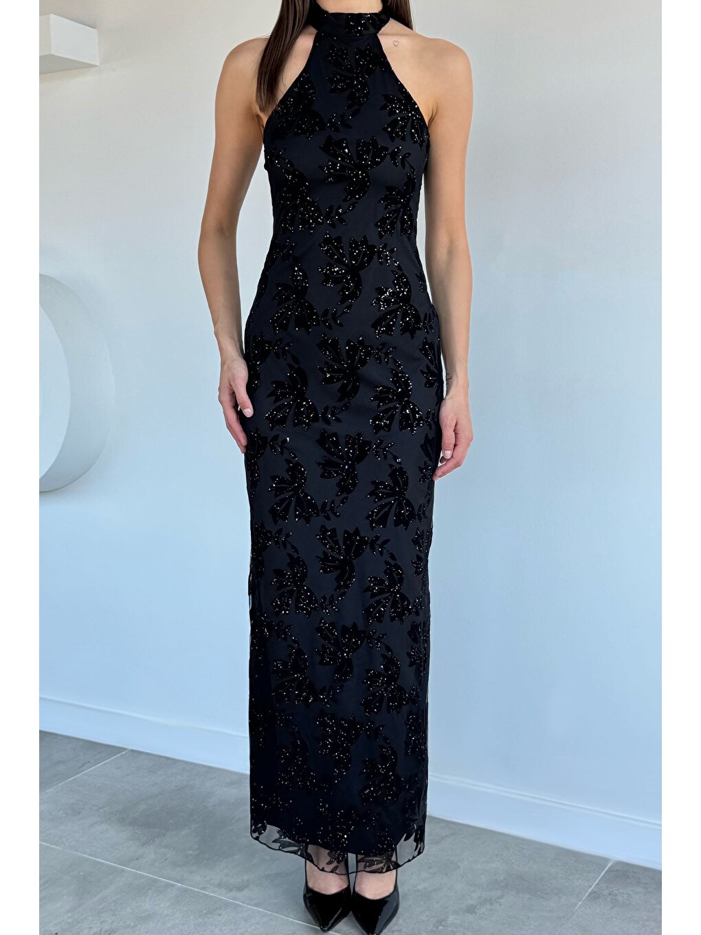 Siyah Kadın Flok Baskılı Tüllü Abiye Elbise-1