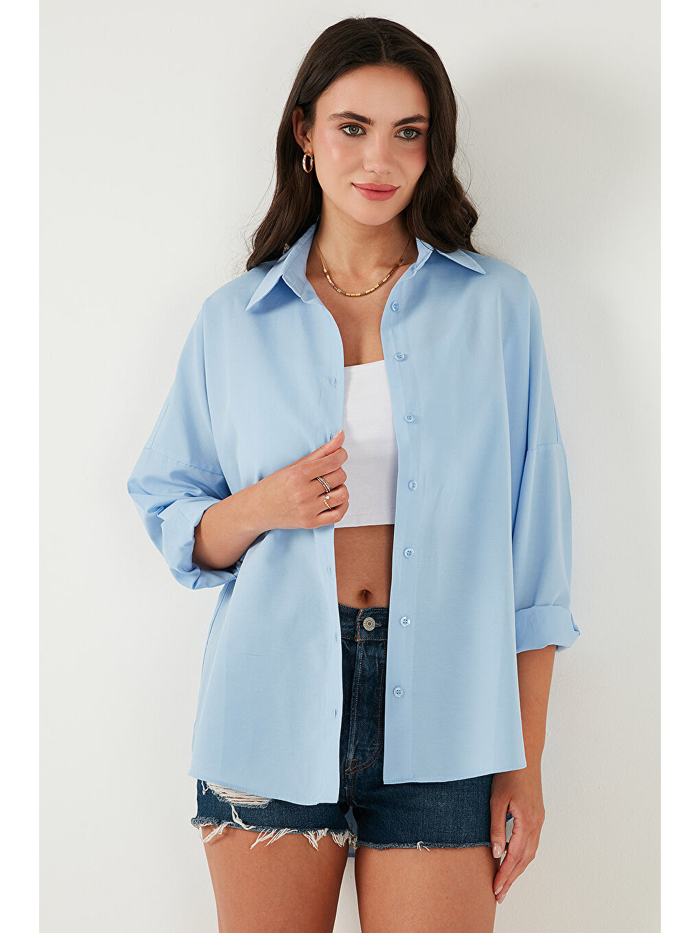 Mavi Pamuk Karışımlı Regular Fit Kadın Gömlek 6772418-1