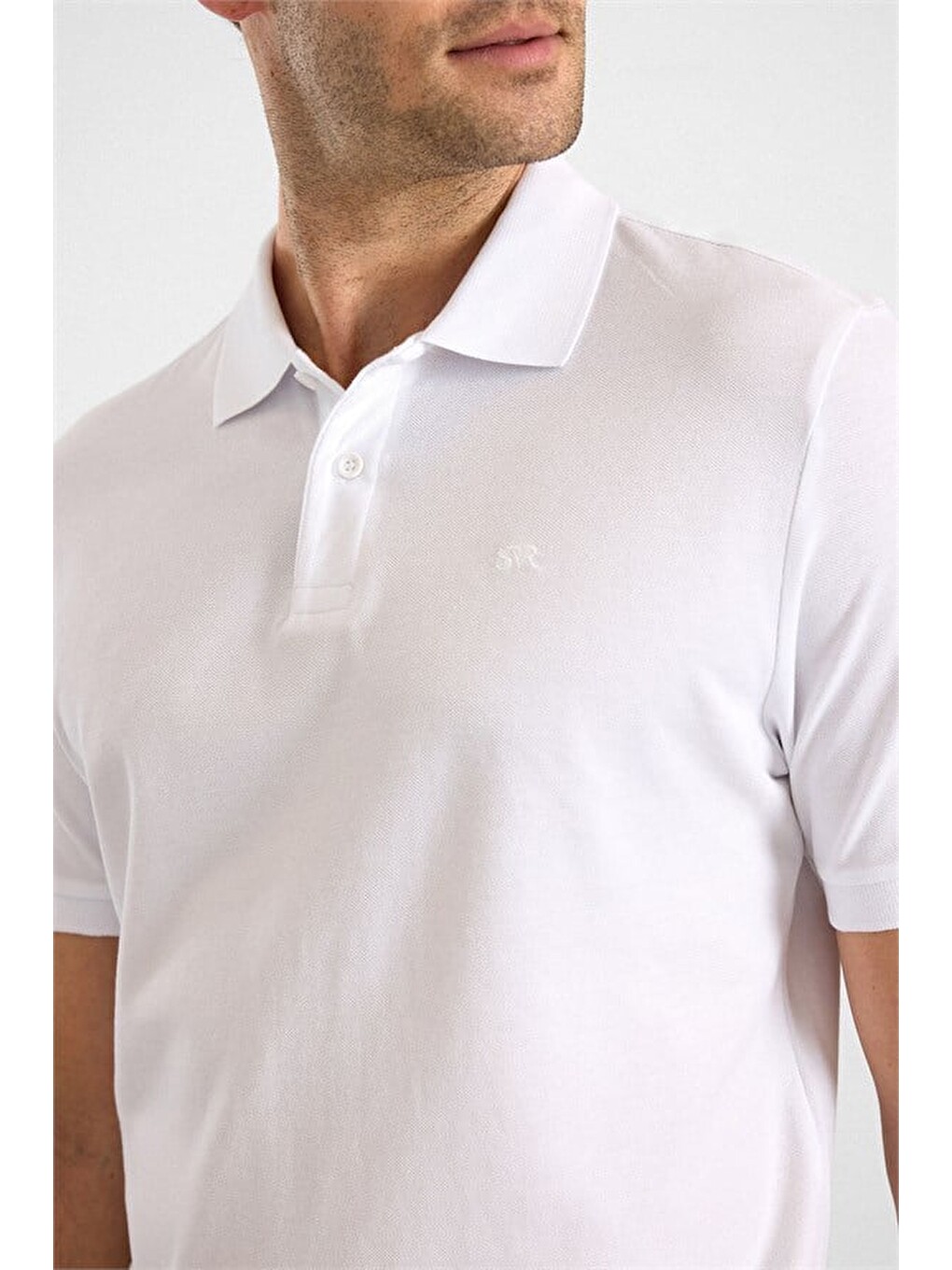 Beyaz Regular Düz Nakışlı Pike Düğmeli Polo Yaka Tişört-2