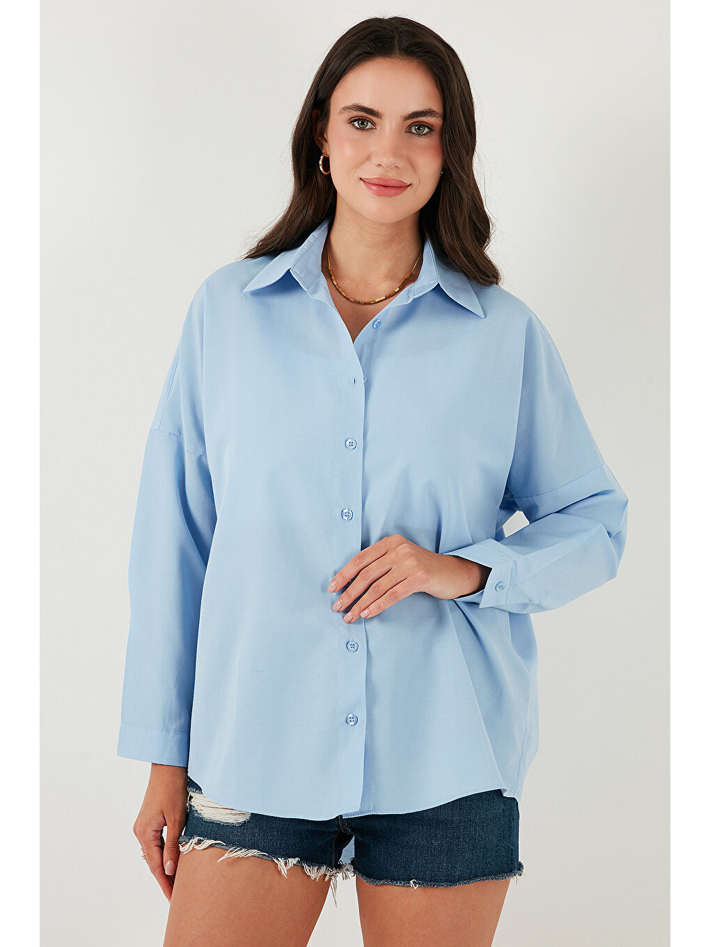 Mavi Pamuk Karışımlı Regular Fit Kadın Gömlek 6772418-3