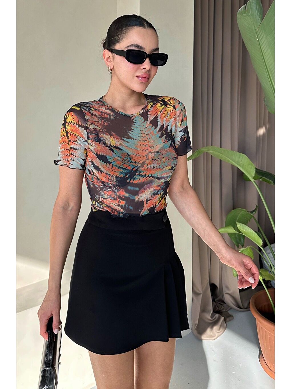 Turuncu Kadın Bisiklet Yaka KARIŞIK Yaprak Desenli Kısa Kollu Bluz