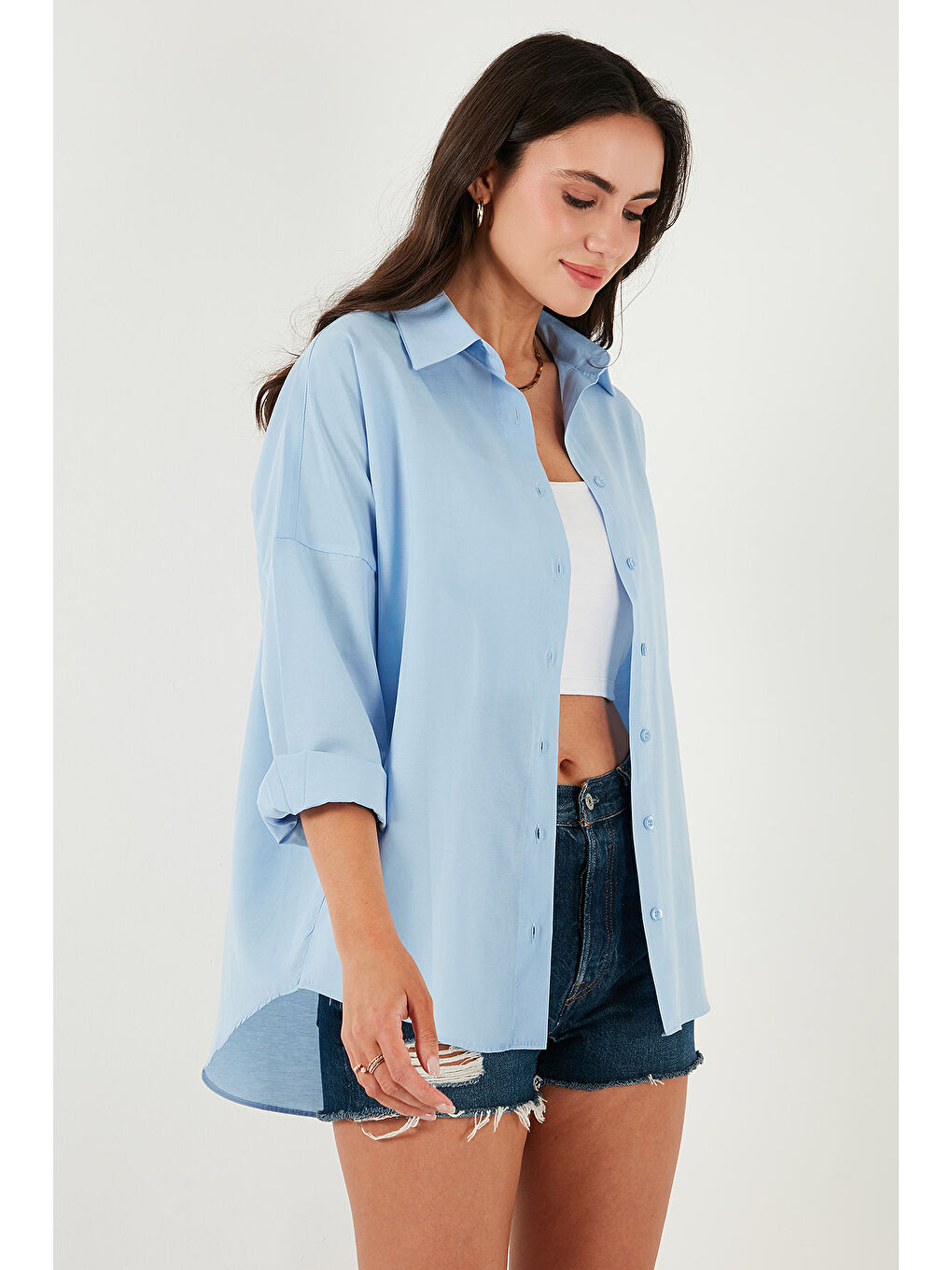 Mavi Pamuk Karışımlı Regular Fit Kadın Gömlek 6772418-4