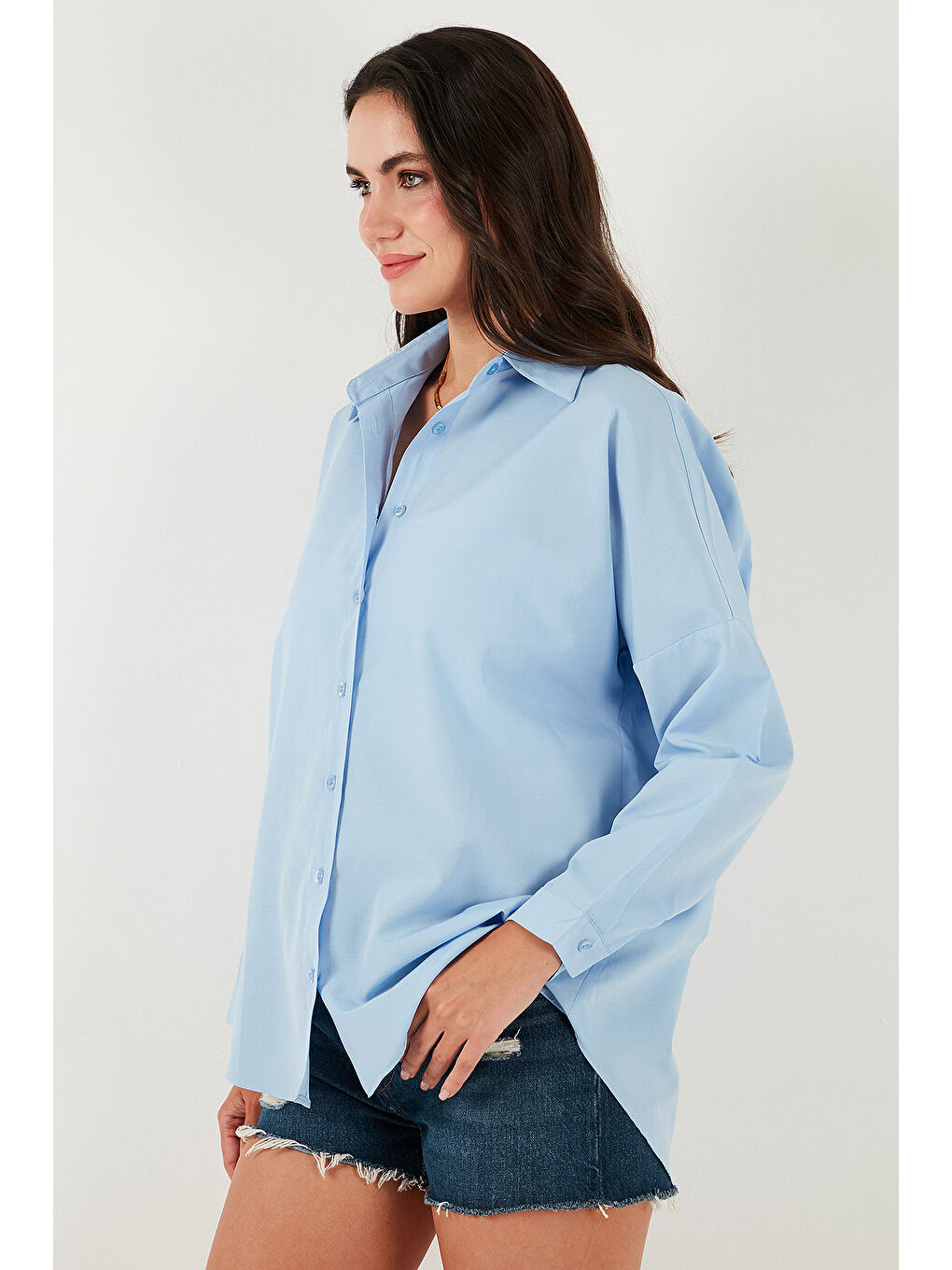 Mavi Pamuk Karışımlı Regular Fit Kadın Gömlek 6772418-5