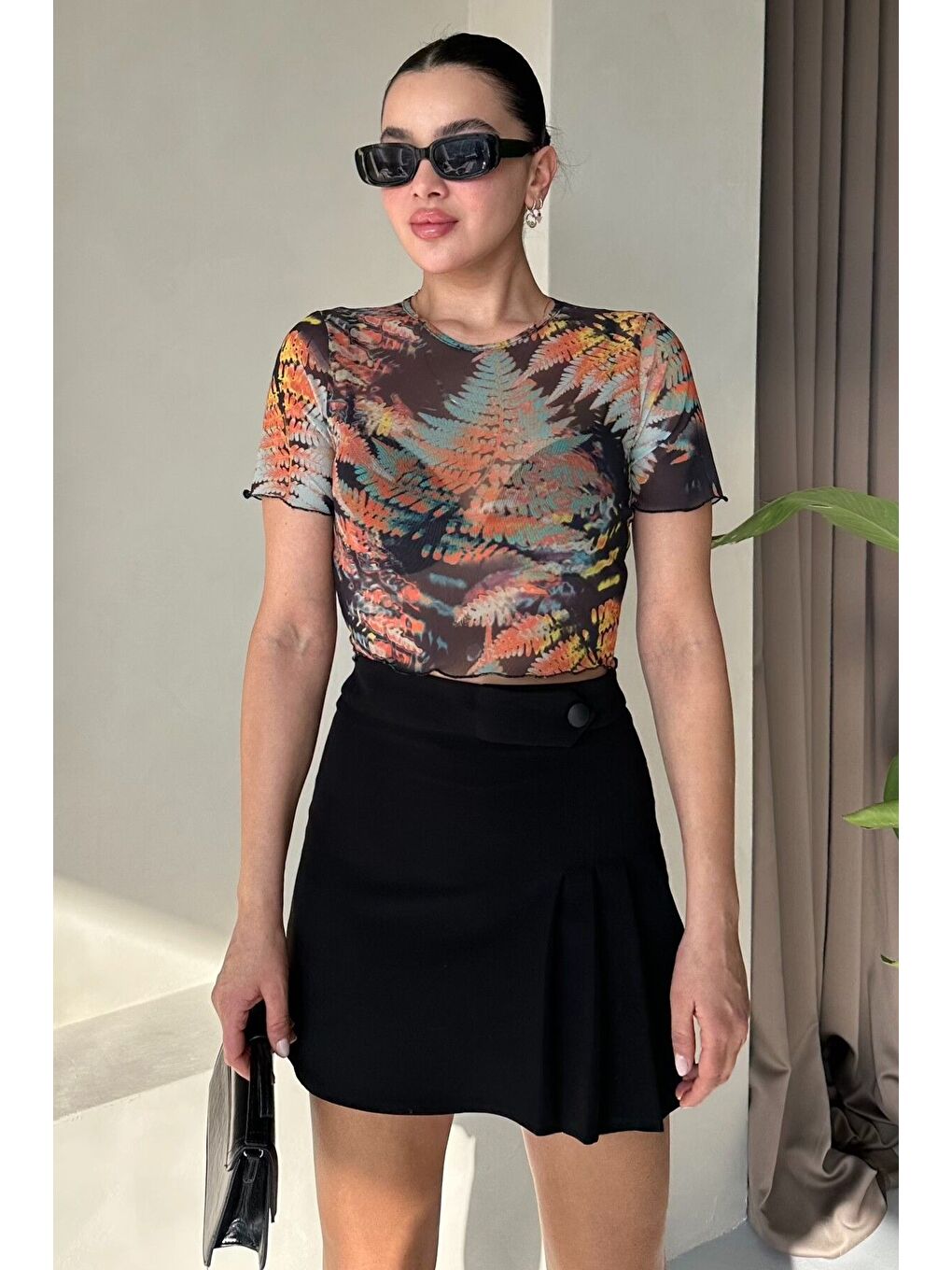 Turuncu Kadın Bisiklet Yaka KARIŞIK Yaprak Desenli Kısa Kollu Bluz-3