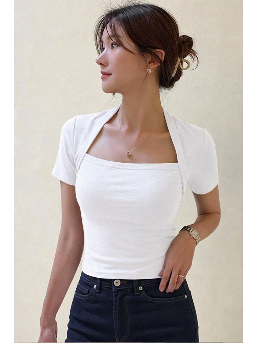 Beyaz Kadın Haki Kuğu Yaka Slim Kısa Kollu Fit Crop Bluz-1