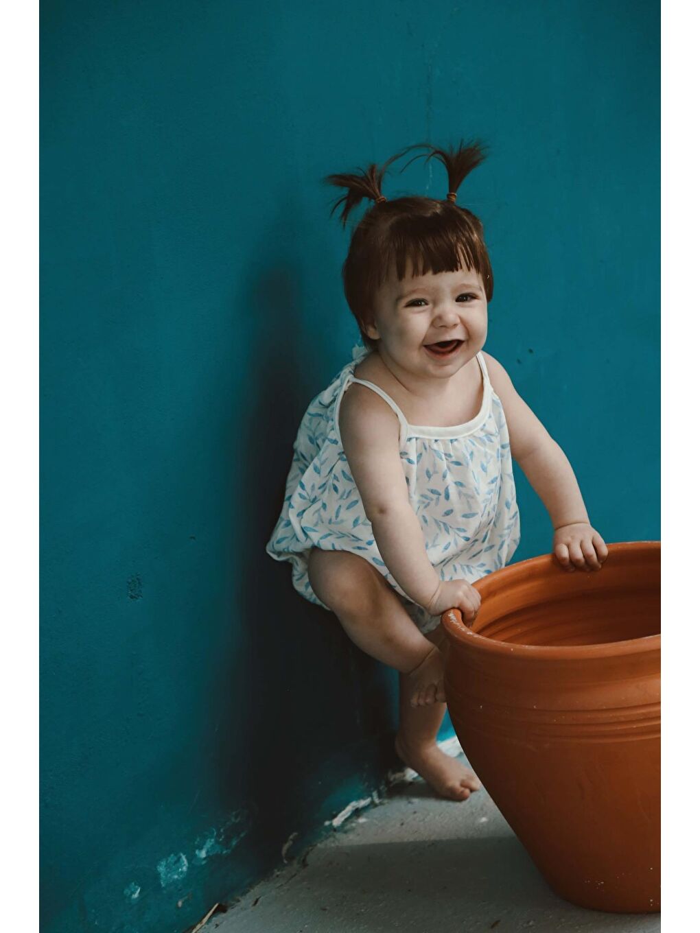 Mavi Çiçek Baskılı Bebek İp Askılı Tulum-3