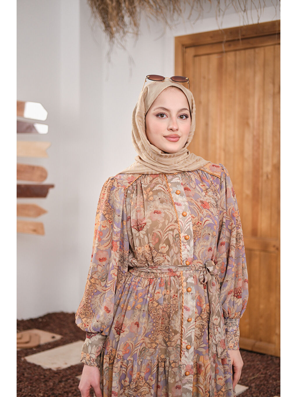 Kadın Etnik Desen Büzgülü Kemer Detay Şifon Elbise Yeşil-1