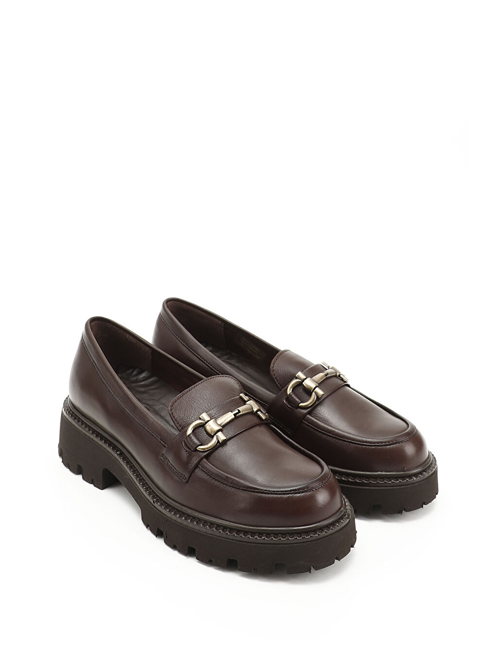 Kahverengi Kadın ORTA KAHVERENGİ Kalın Topuklu Tokalı Hakiki Deri Loafer Ayakkabı-1