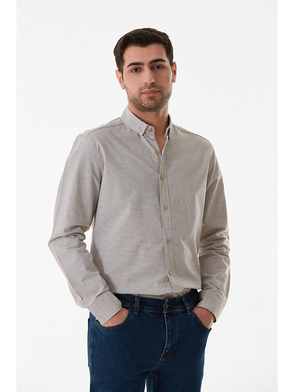 Bej Çizgili Düğmeli Gömlek