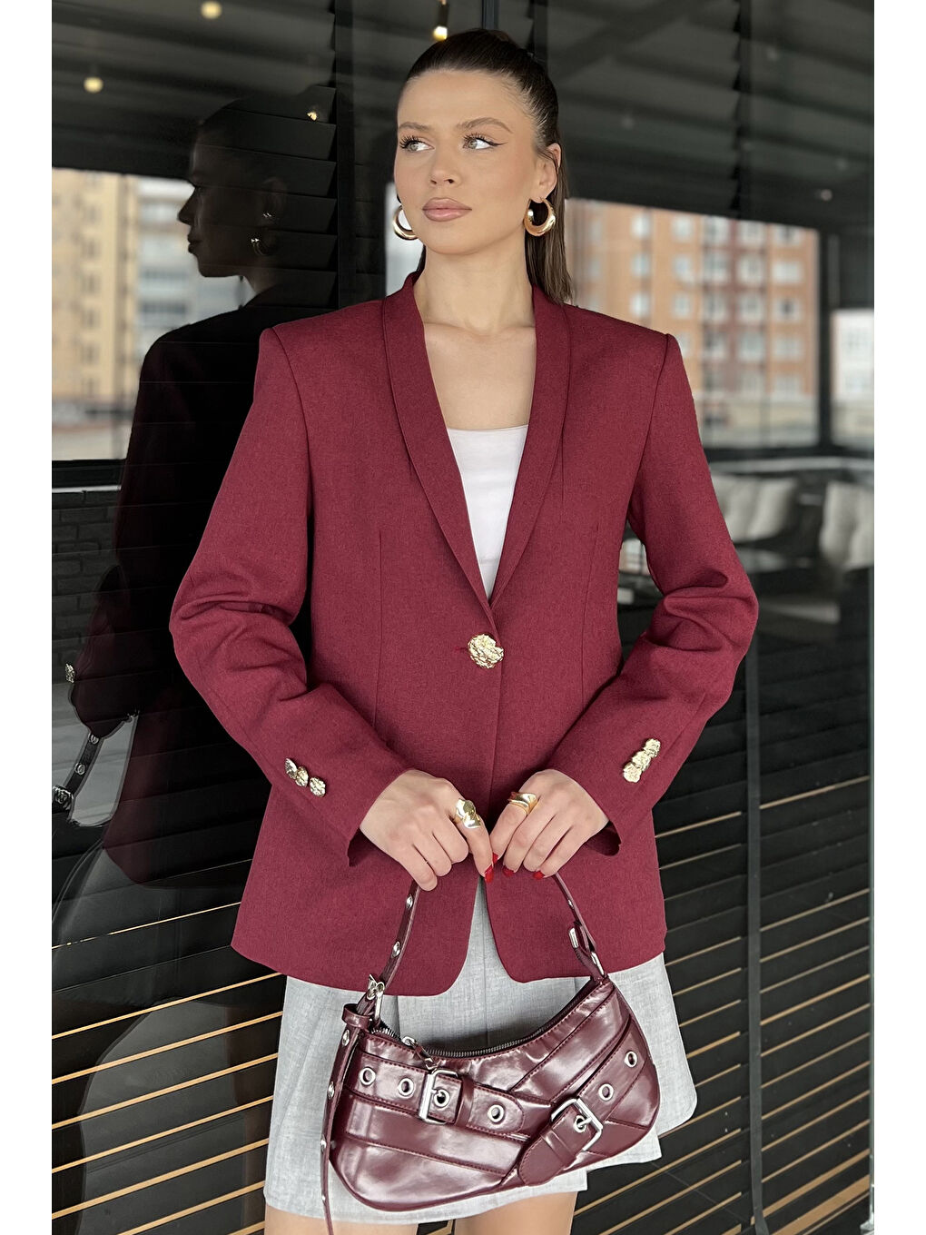 Bordo Kadın Düğme Detaylı Kruvaze Yaka Blazer Ceket-1