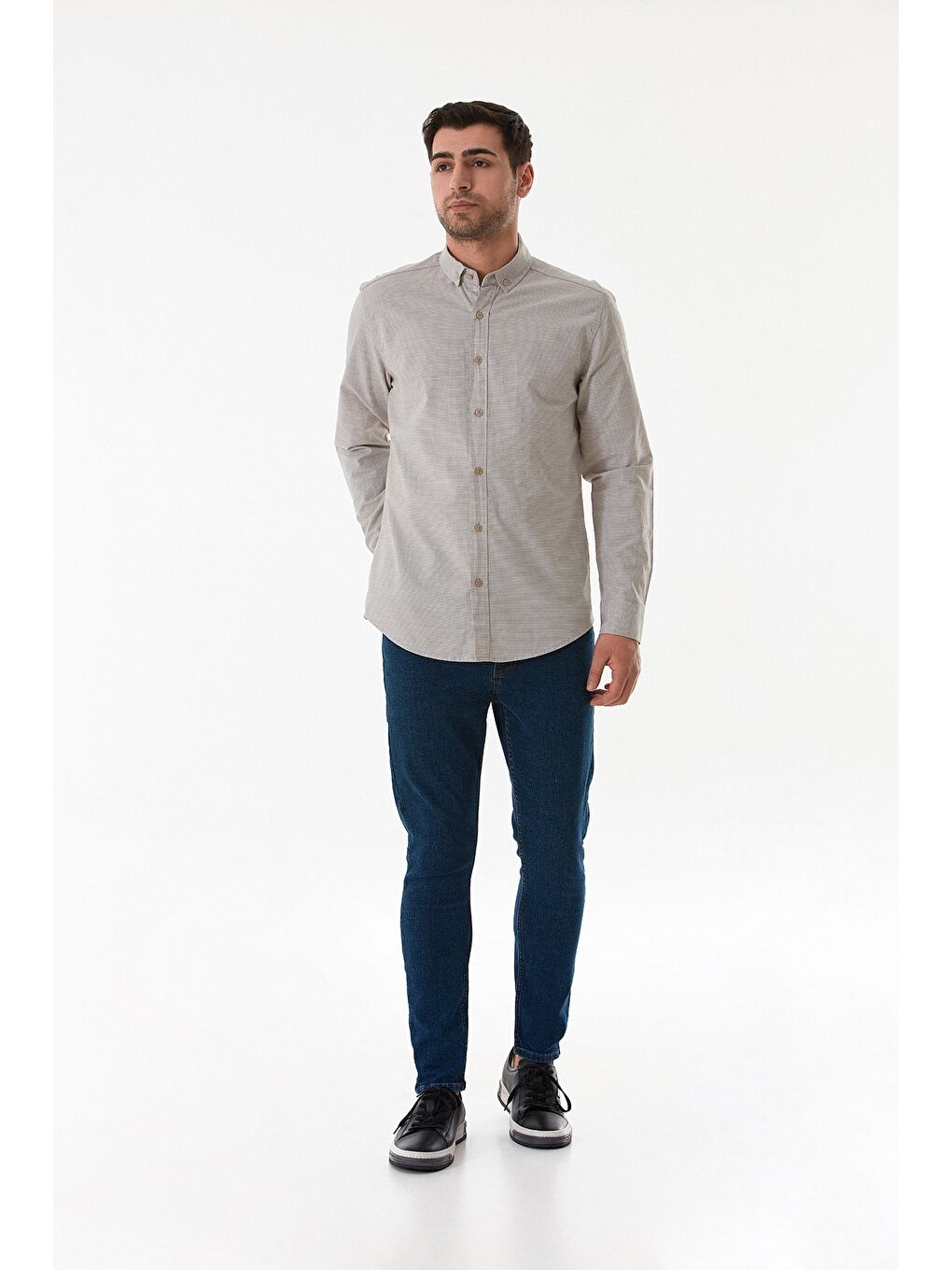 Bej Çizgili Düğmeli Gömlek-1