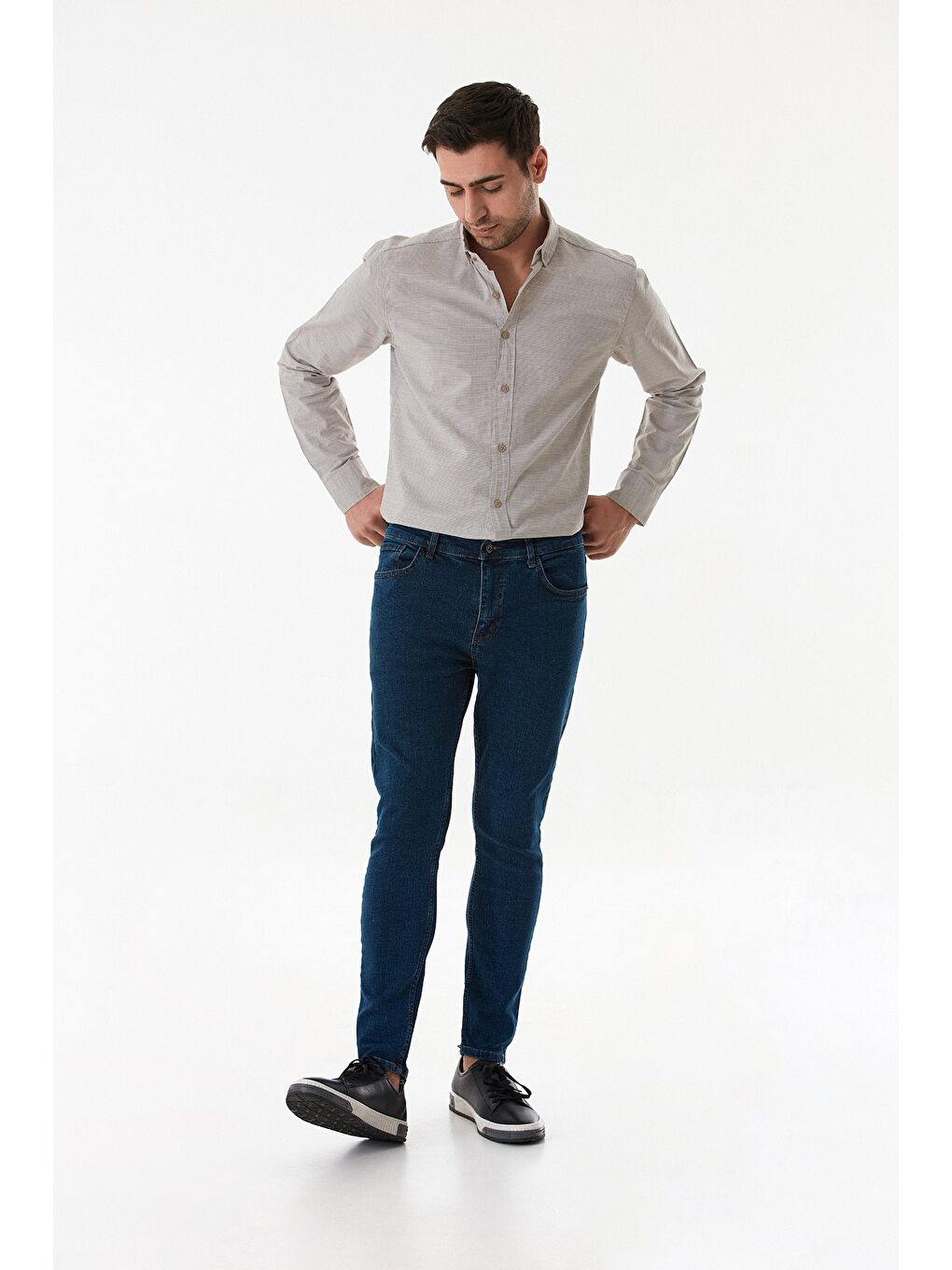 Bej Çizgili Düğmeli Gömlek-2