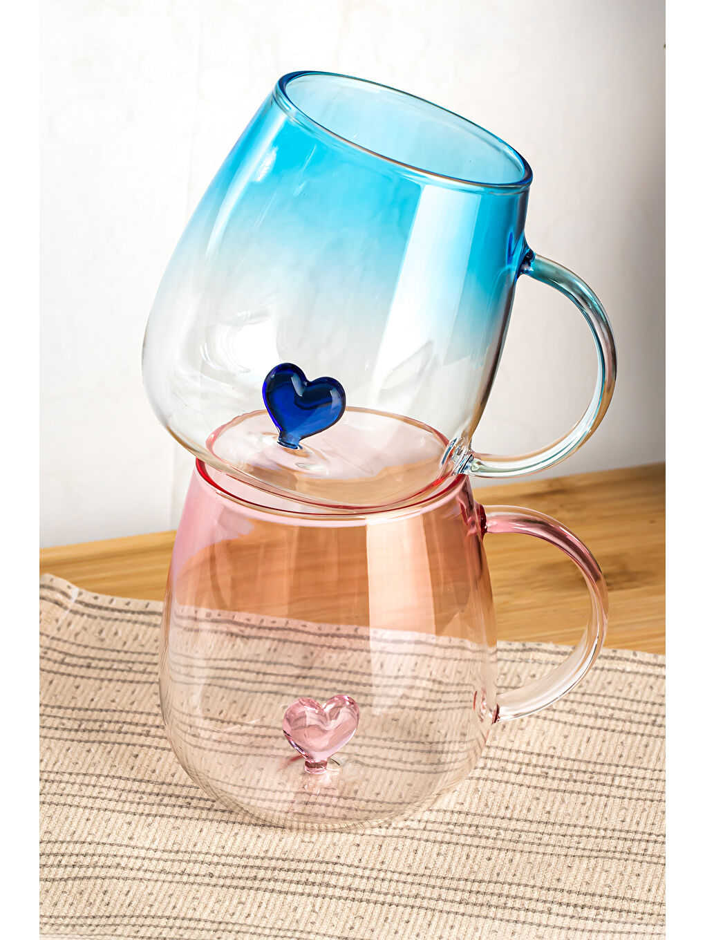 Karışık PBT-707 Dream Love Hearts 400ml Romantik Kalp Tasarımlı 2li Renkli Borosilikat Cam Kupa Seti-1