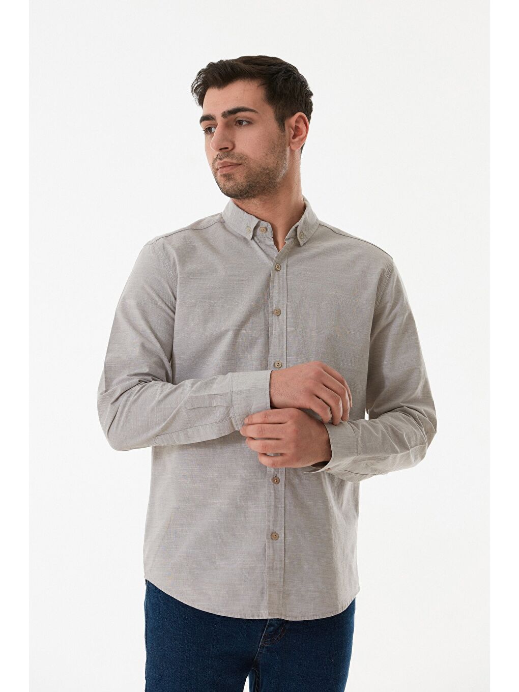 Bej Çizgili Düğmeli Gömlek-3