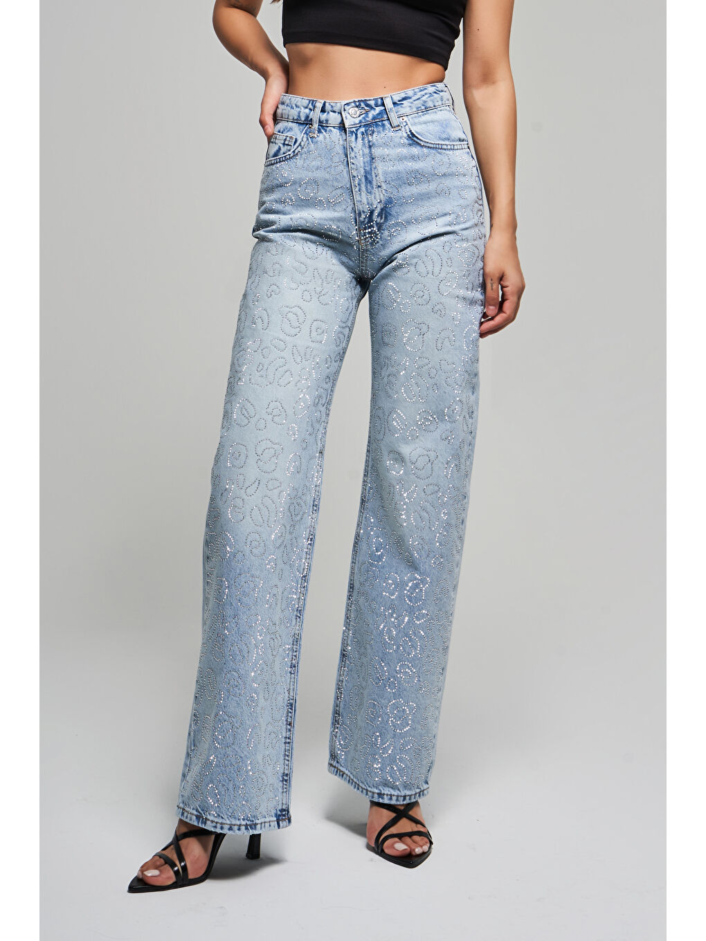 Mavi Kadın Snow Jean Rengi T-4S5-3 Straight Fit Yüksek Bel %100 Pamuk Parlak Taşlı Tasarım Denim