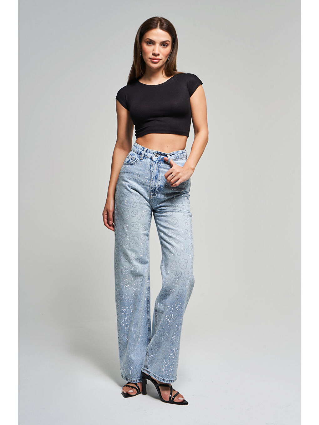 Mavi Kadın Snow Jean Rengi T-4S5-3 Straight Fit Yüksek Bel %100 Pamuk Parlak Taşlı Tasarım Denim-1